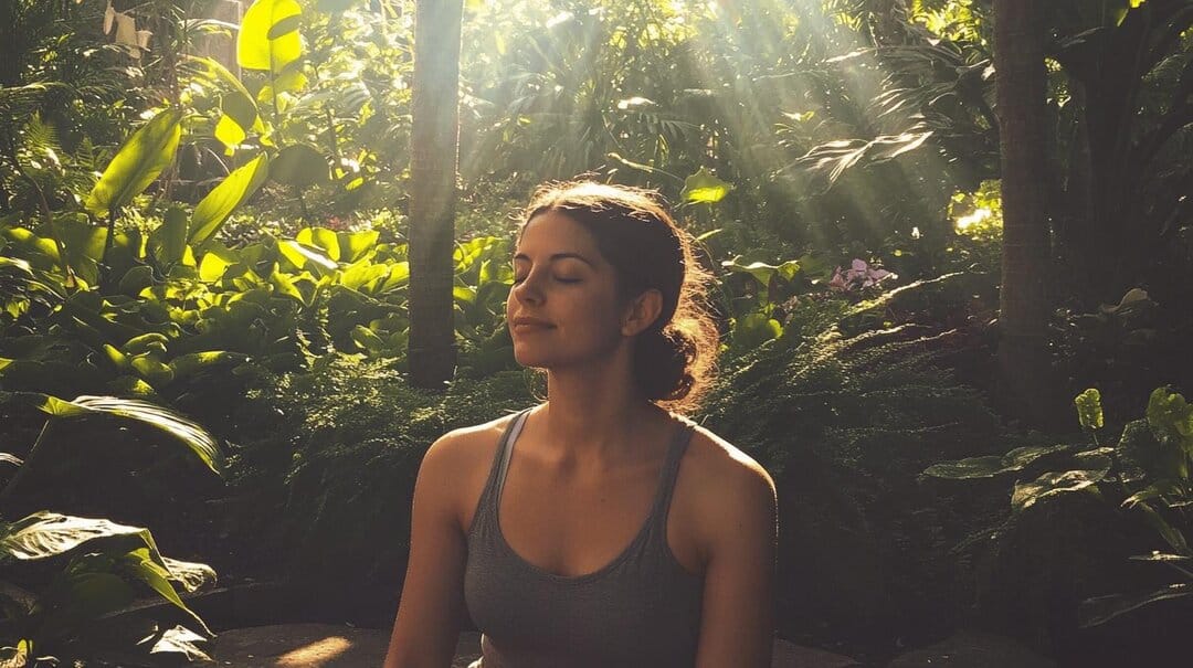 A woman sitting with her eyes closed in a sunlit green forest
