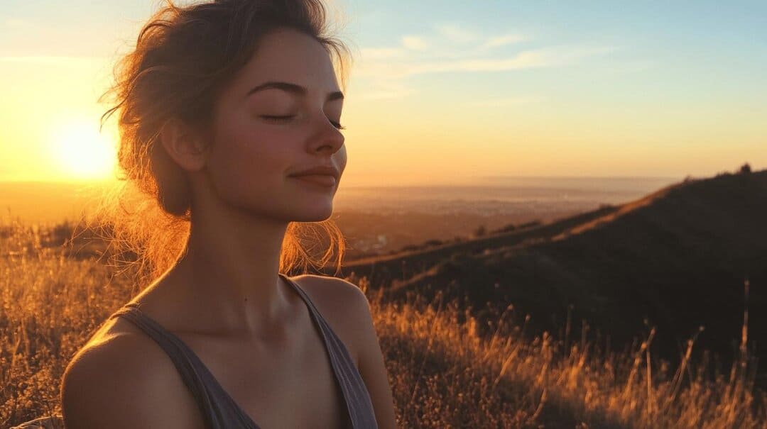 Woman with closed eyes pausing on a grassy hillside in warm evening light