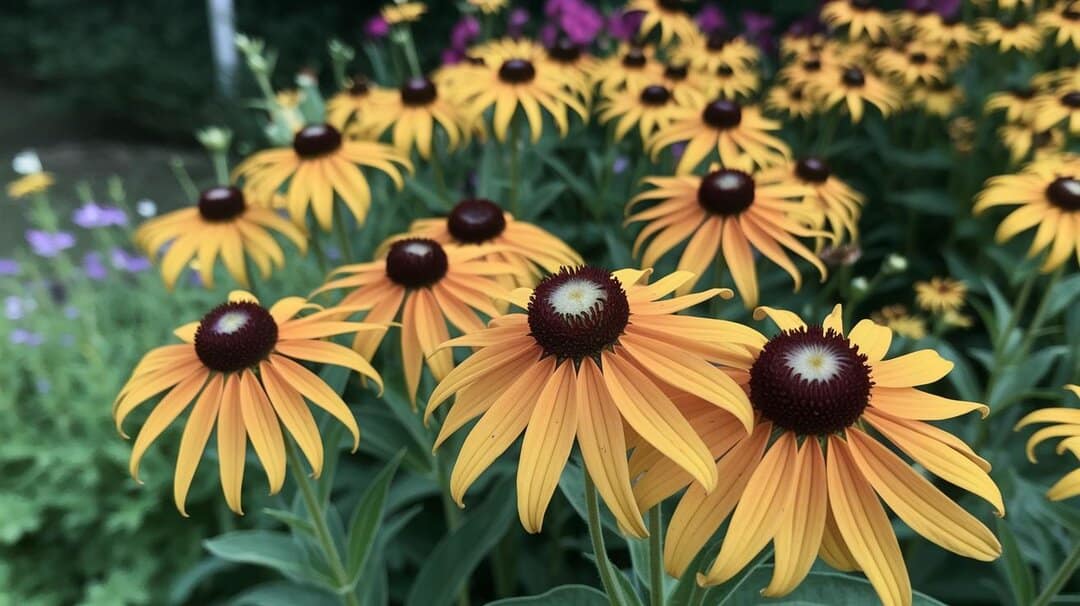 Yellow black-eyed Susan flowers with dark centers growing in a green garden