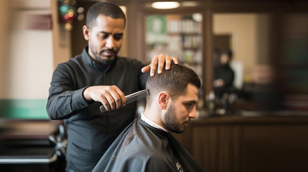 A barber combing a seated customer's hair in a salon