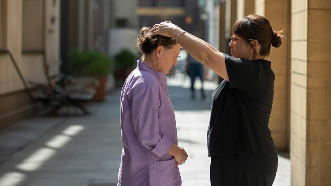 A practitioner gently rests her hand on the crown of an older woman's head in a sunlit courtyard