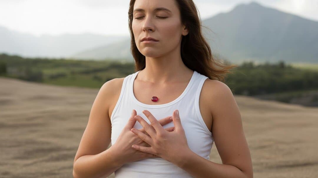 Woman meditating outdoors with a small ruby resting near her heart