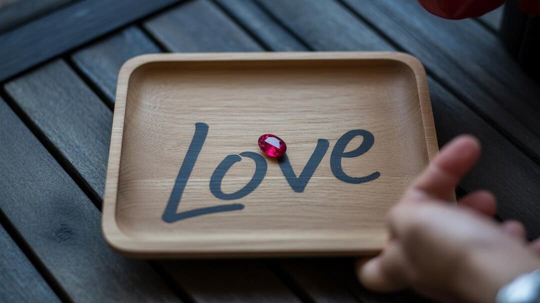 Faceted red ruby resting on a wooden tray marked with the word love