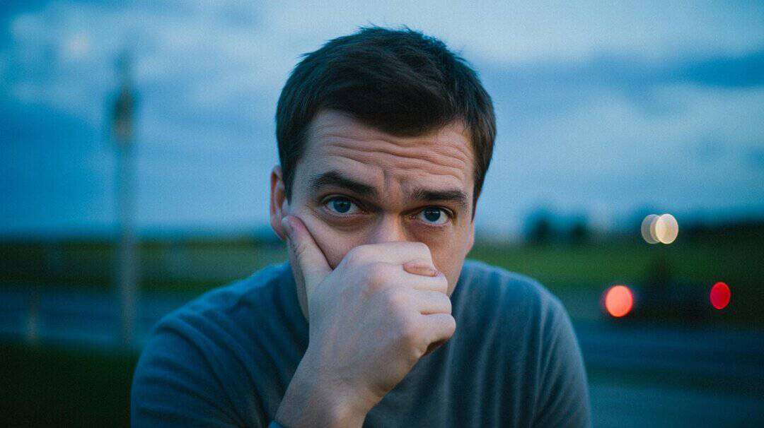 Man at dusk with a hand over his mouth and wide eyes, caught by surprise