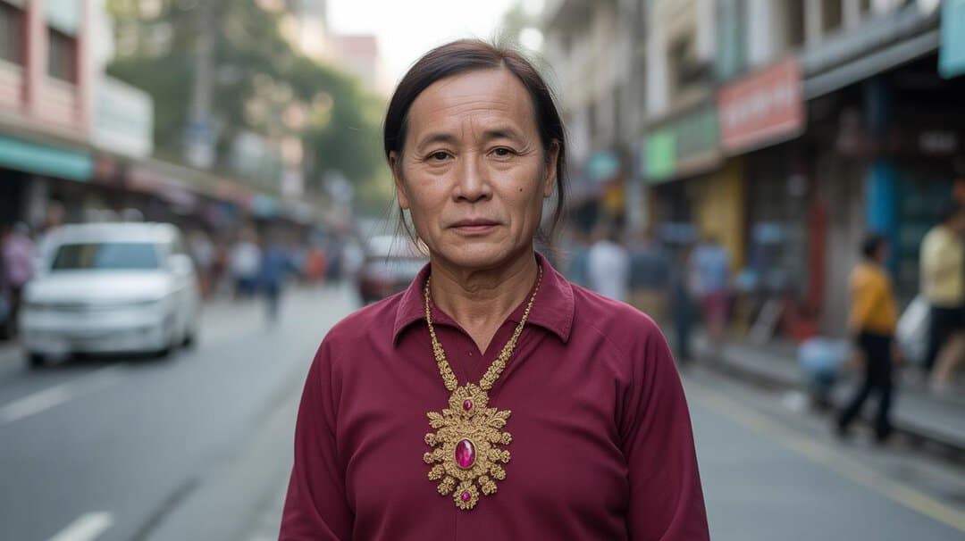 Person wearing an ornate gold necklace set with red gemstones