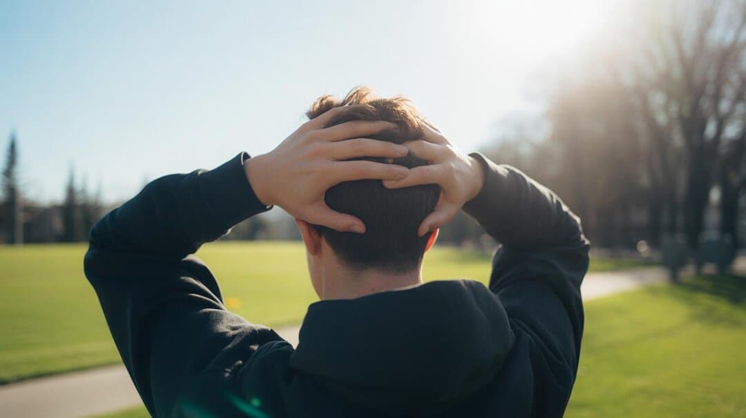 Young man standing on a sunlit lawn with both hands pressed to the back of his head