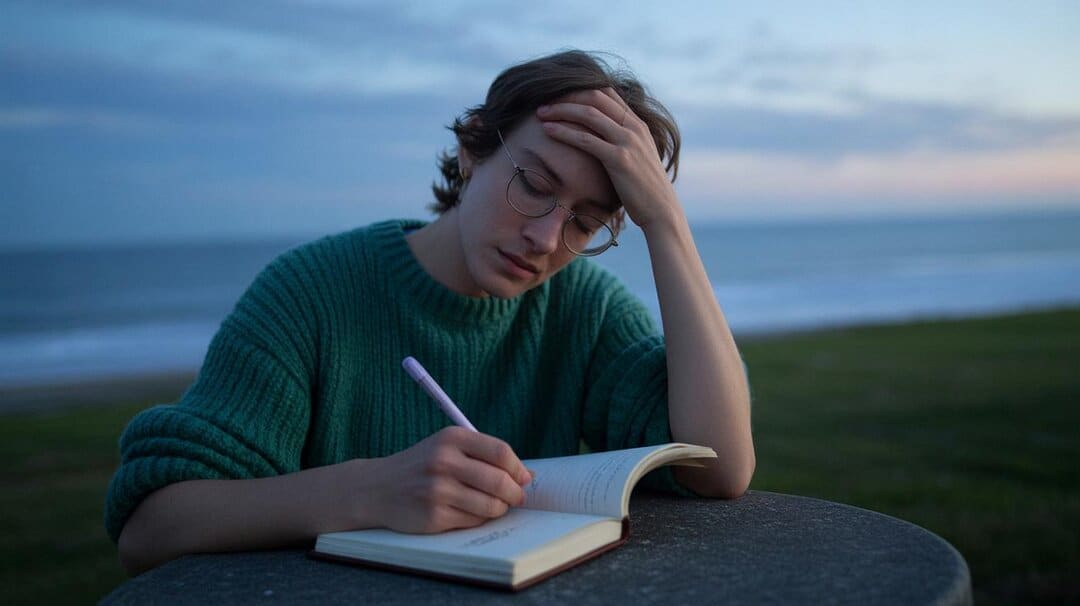Person in a green jumper writing in a journal at a stone table by the sea at dusk