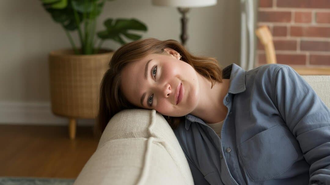 Woman resting her head on the arm of a sofa, calm and relaxed