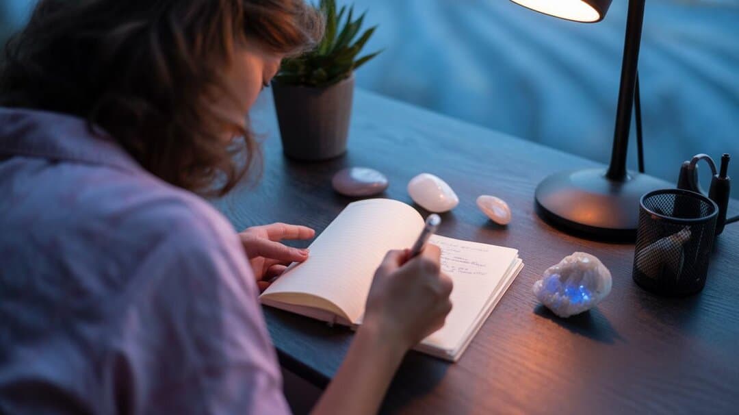 A woman writing in a journal at a desk in the evening, with moonstone, rose quartz and a crystal cluster beside her