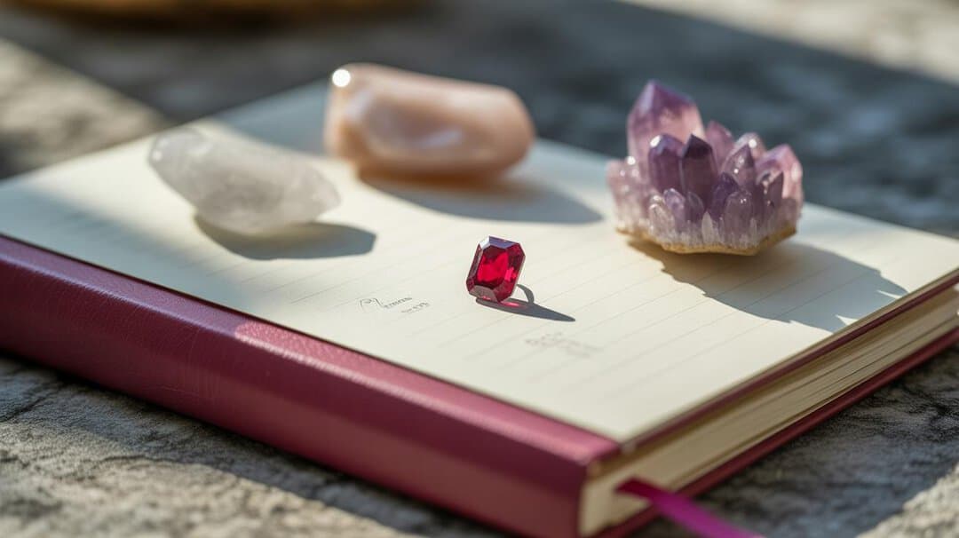 Red gemstone on an open journal beside amethyst and pale crystals
