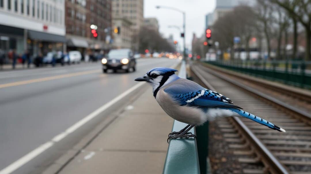 Blue jay perched on a railing beside a city street
