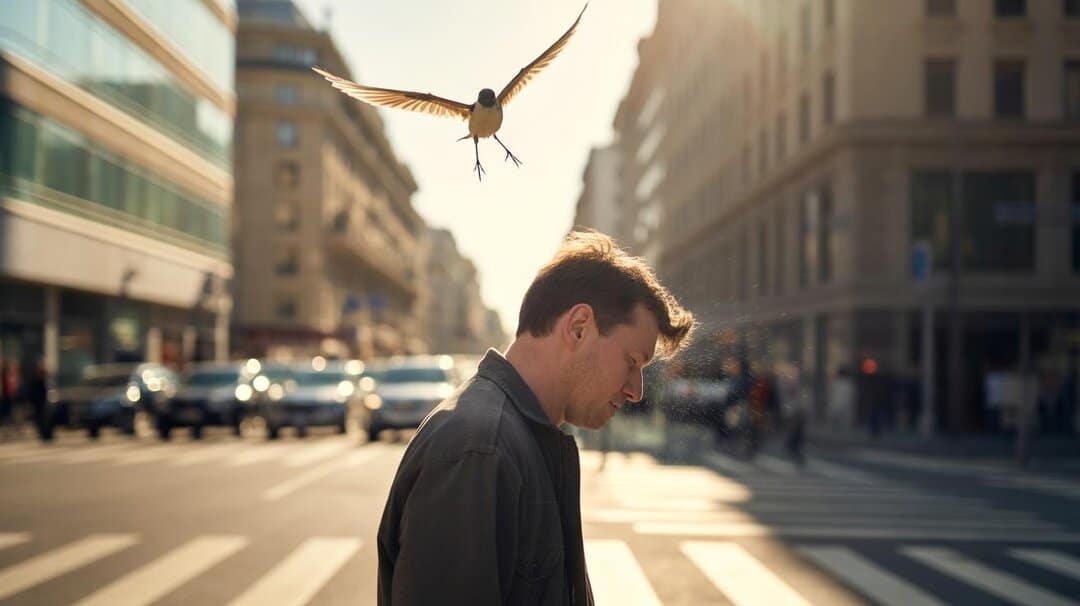 A small bird swoops just above a man's head as he crosses a busy city street