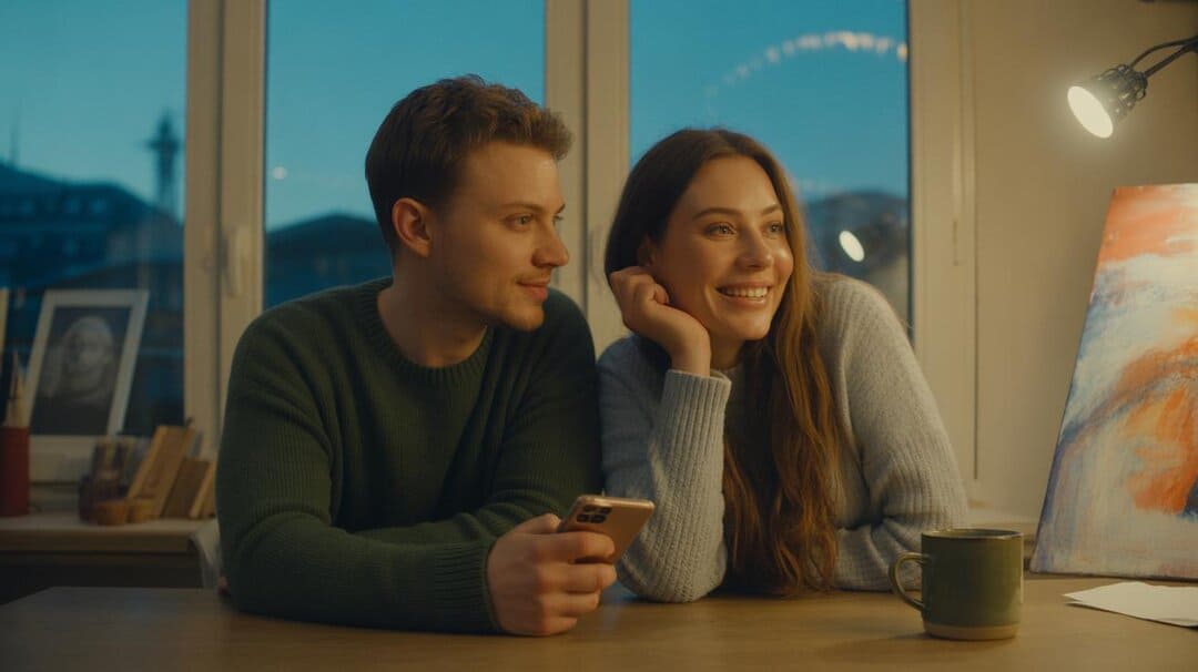 A smiling couple leaning together at a desk by a window at dusk, with a phone and a painting beside them