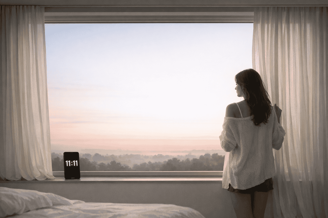 Woman noticing 11:11 by a bedroom window at dawn