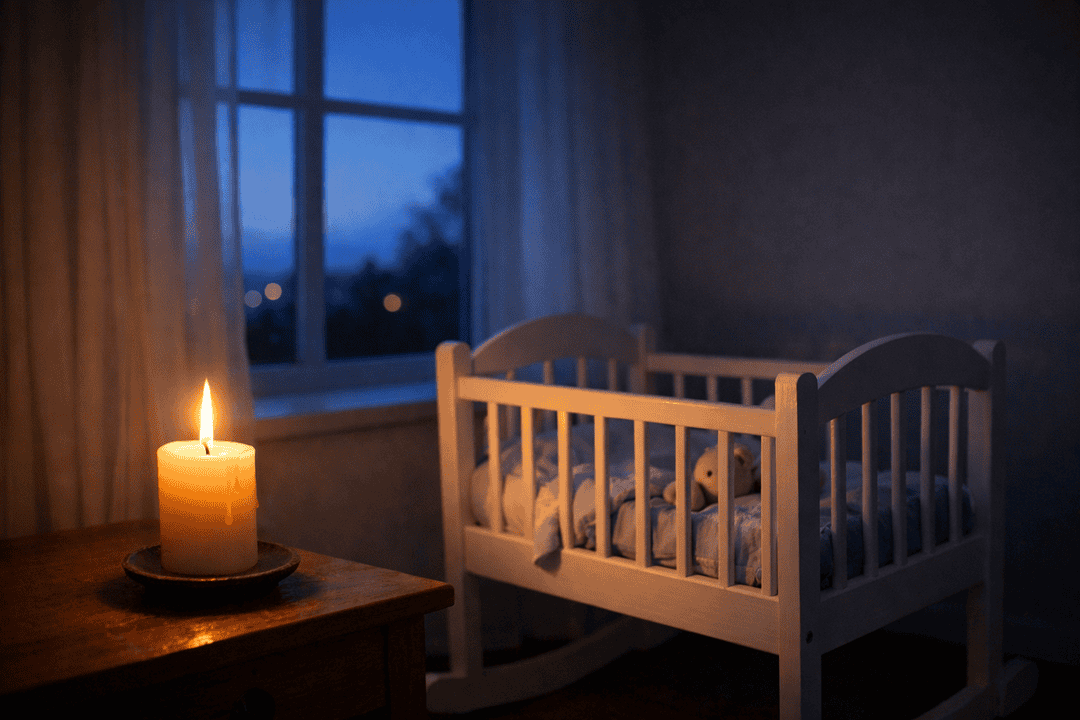 An empty white wooden cradle beside a lit candle in a dim bedroom at dusk
