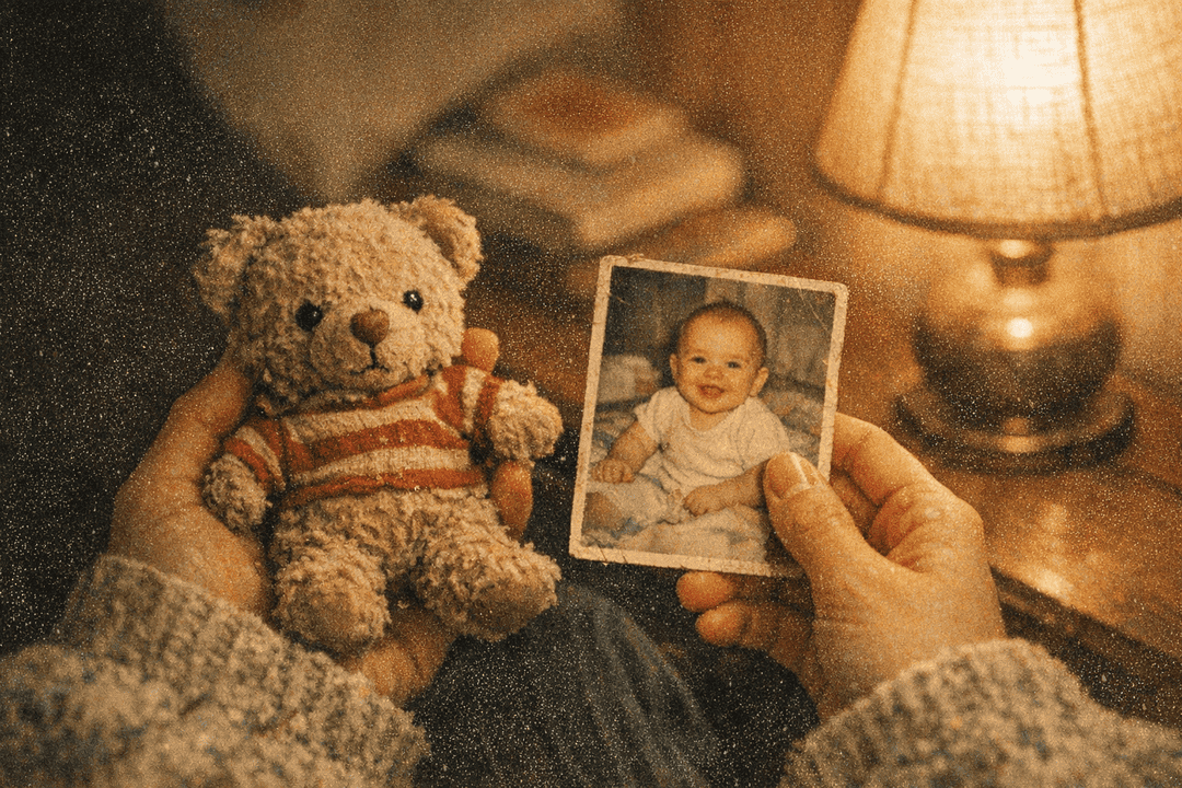 Hands holding a worn teddy bear and an old photograph of a smiling baby beside a lit lamp