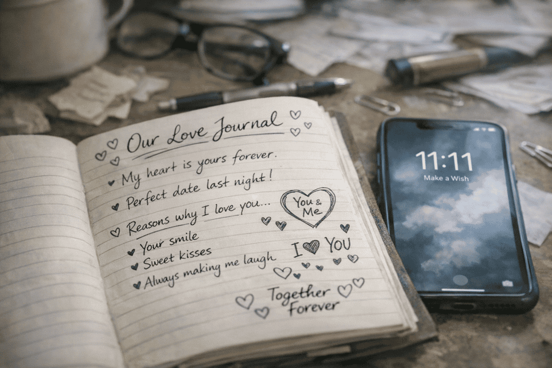 Handwritten journal and phone showing 11:11
