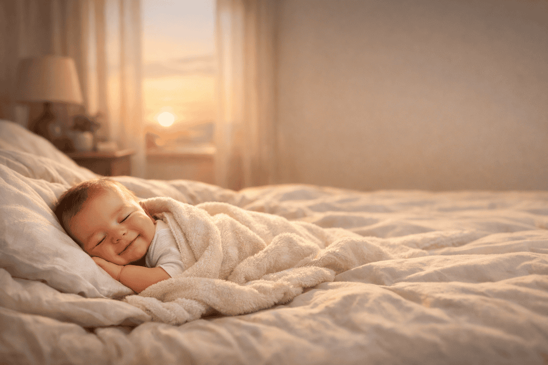 A baby asleep on a bed with a small smile, lit by warm sunrise light through a window