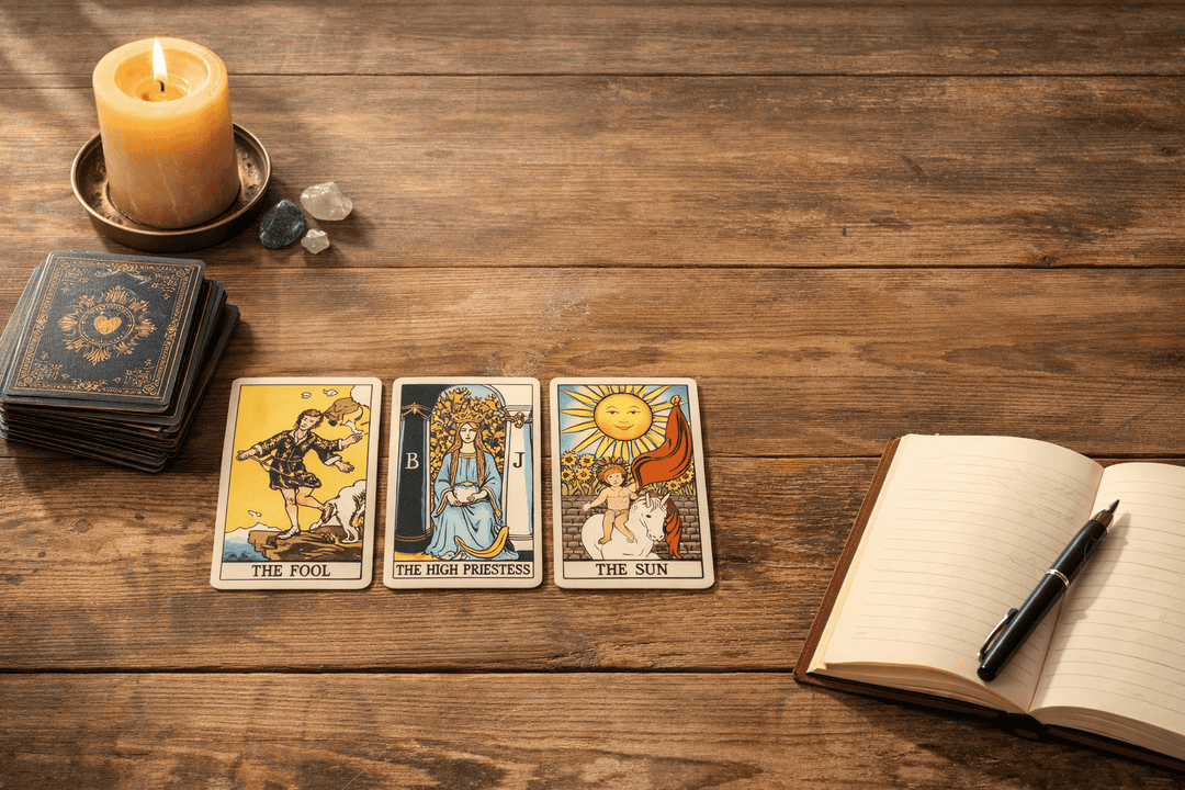 Tarot deck and three cards on a quiet table