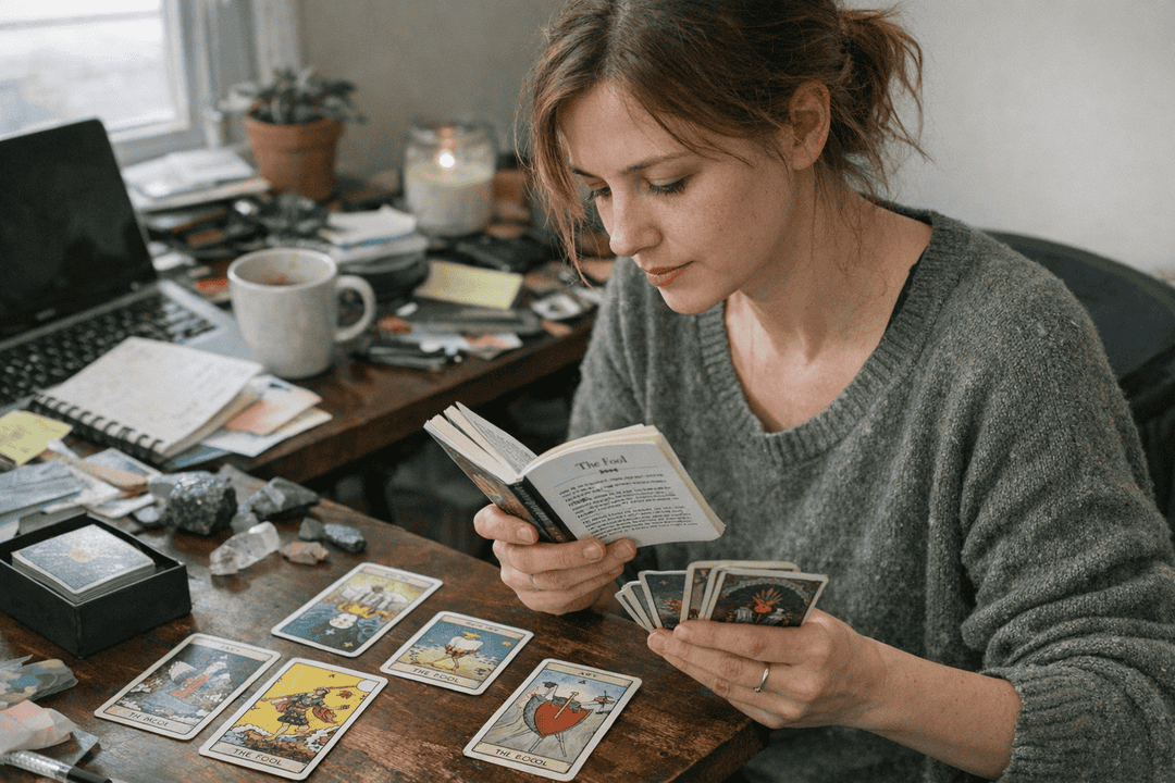 Beginner learning tarot with cards and guide