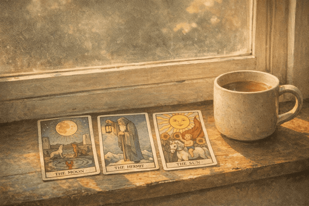 Three tarot cards by a window