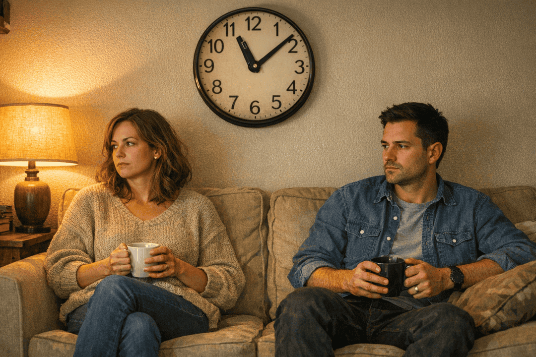 Couple quietly sharing a moment in warm indoor light