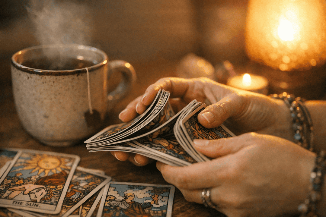 Hands shuffling tarot cards at a table