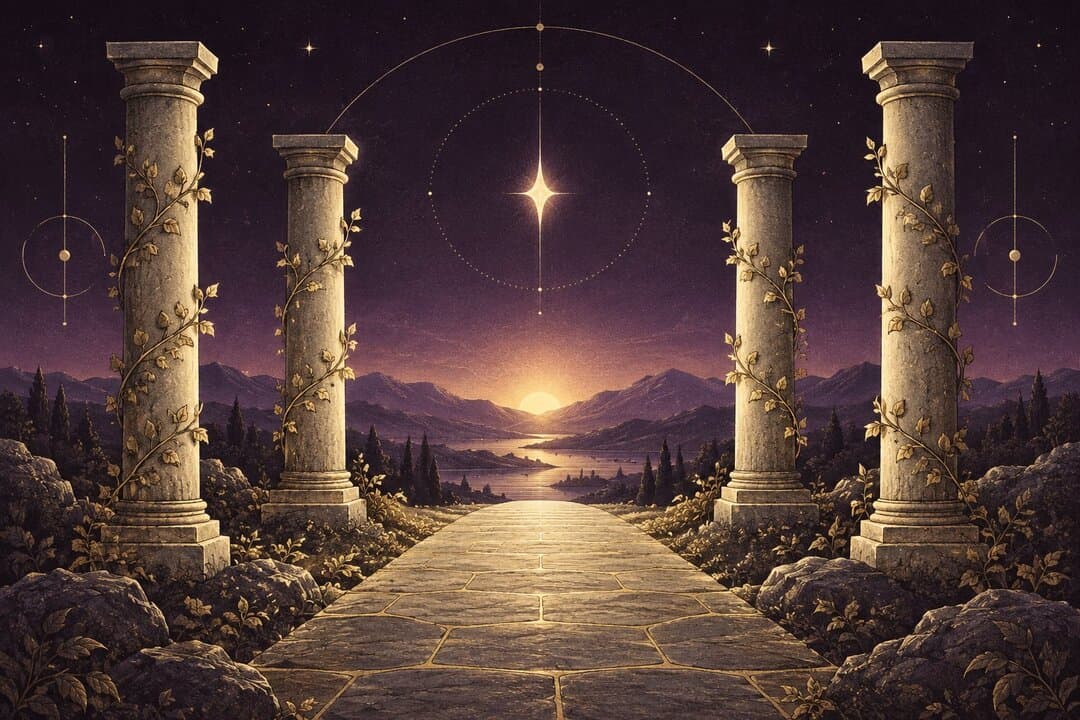A gold-lit path between four vine-covered pillars beneath a single star