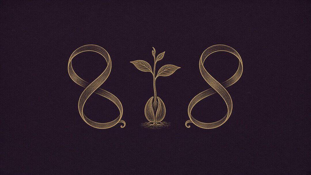 Two looping gold ribbons beside a single sprouting seed on a plum background
