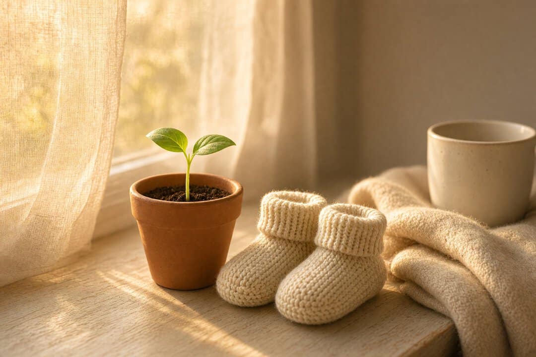 A seedling with two fresh leaves in a terracotta pot beside knitted cream baby booties on a sunlit windowsill