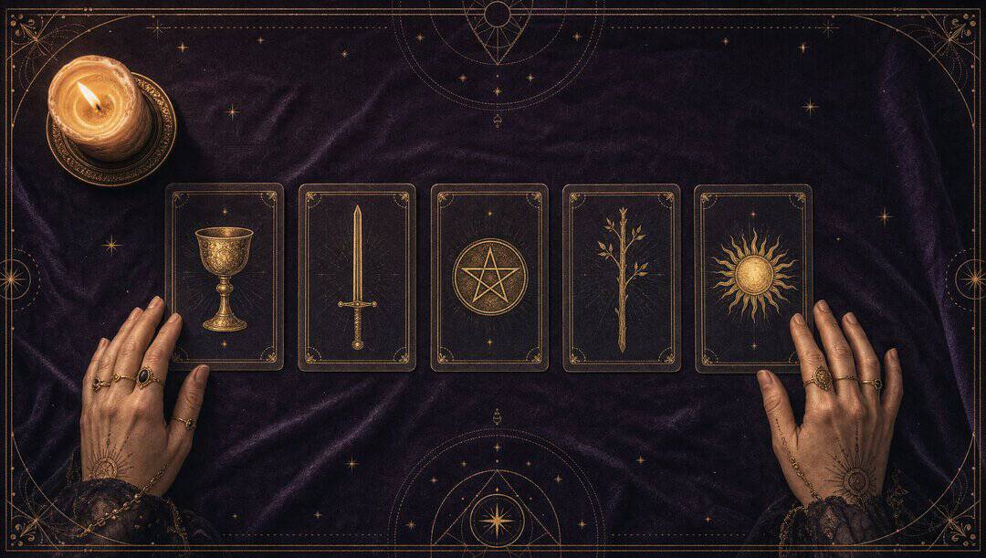 Hands laying out five tarot cards showing a chalice, sword, pentacle, wand and sun on velvet beside a candle