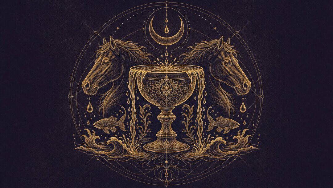 Symmetrical gold emblem of an overflowing chalice flanked by two horse heads, fish and waves under a crescent moon