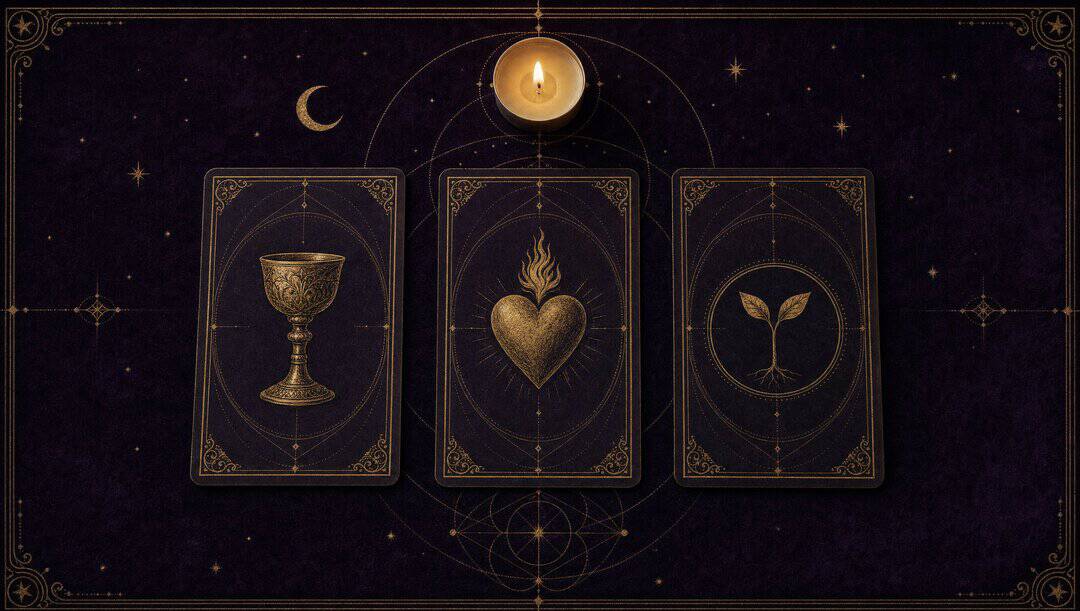 Three tarot cards in a row showing a chalice, a flaming heart and a seedling, on velvet under a tea light