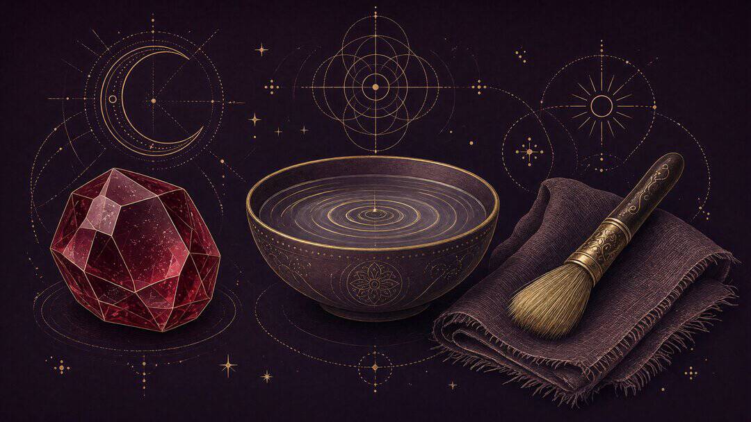 Ruby beside a water bowl, soft brush and cloth in gold line art