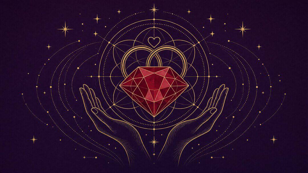 Gold line-art ruby held between two hands with rings and a heart