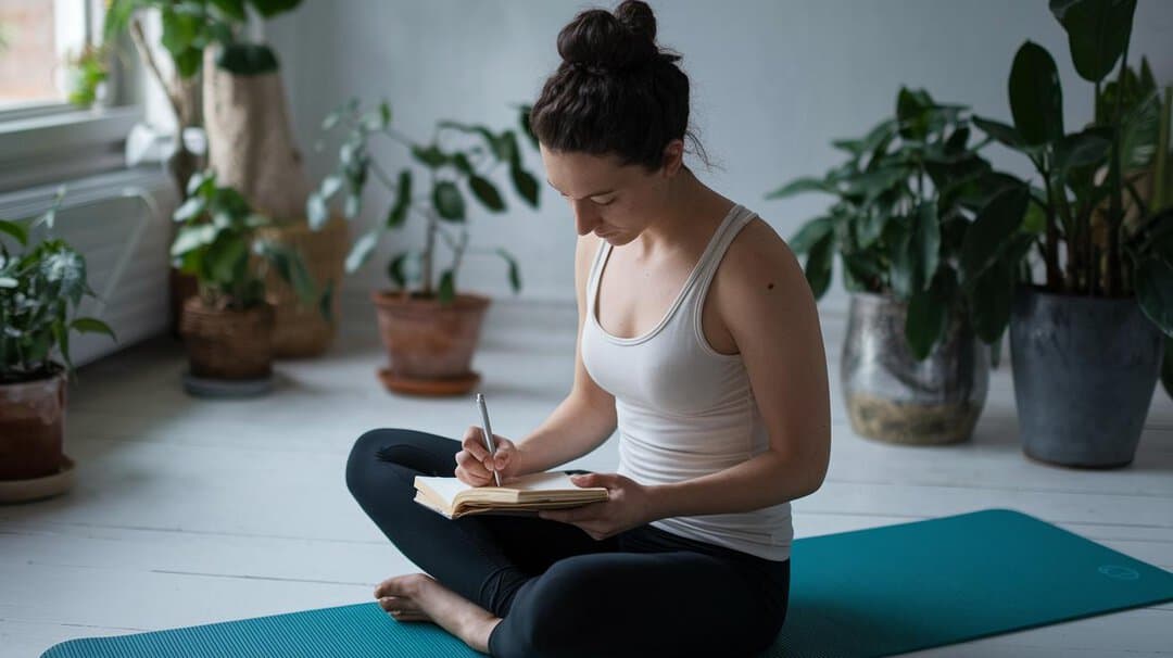 A woman writing in a journal beside houseplants and a window