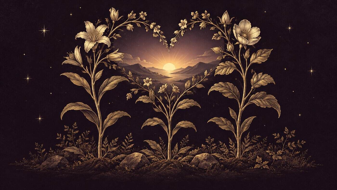 Three gold flowering stems frame a heart-shaped opening around a sunrise on a plum background