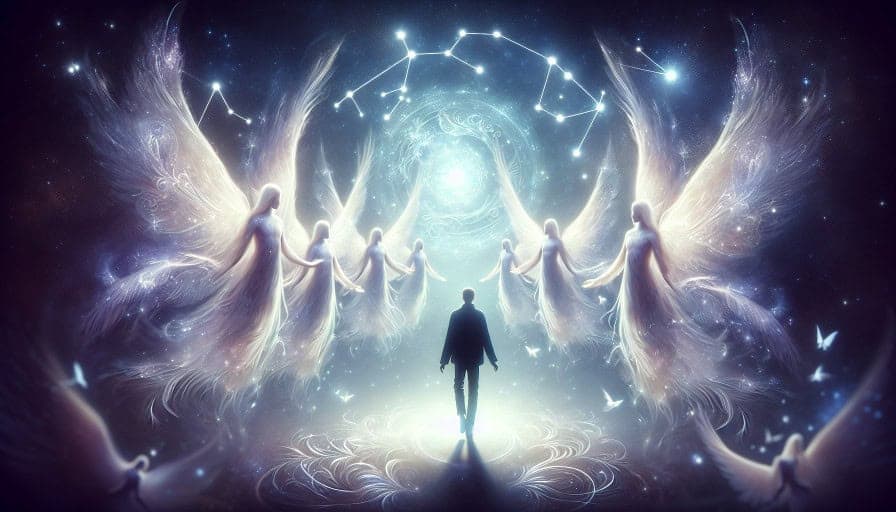 Illustration of a person beneath stars facing a circle of luminous winged figures