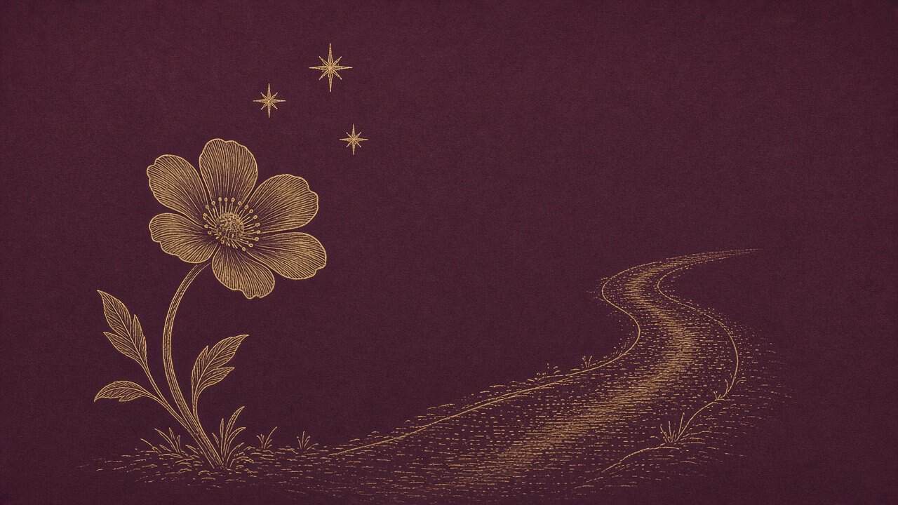 Three gold stars above a five-petaled flower beside a winding path on a plum background