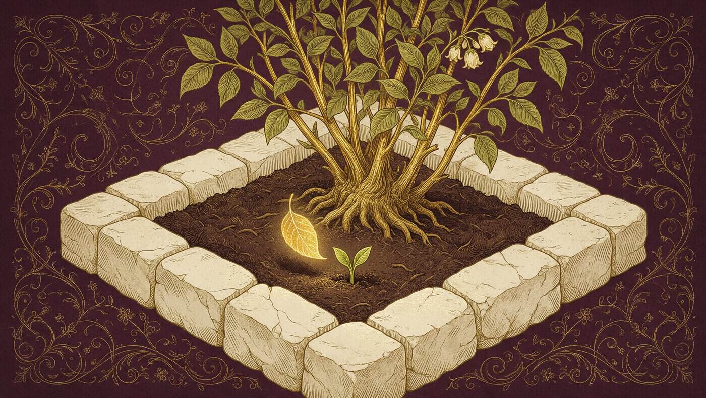 Gold illustration of a mature plant, a falling leaf and a new shoot within a square stone border on plum
