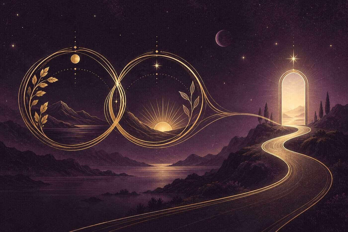 Two looping gold paths leading toward a luminous doorway on a plum night landscape