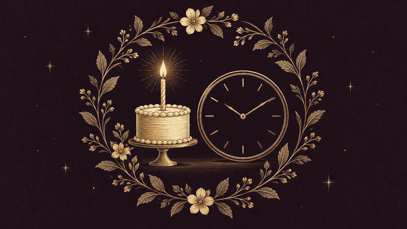 Gold illustration of a birthday candle and clock inside a flowering wreath on deep plum.