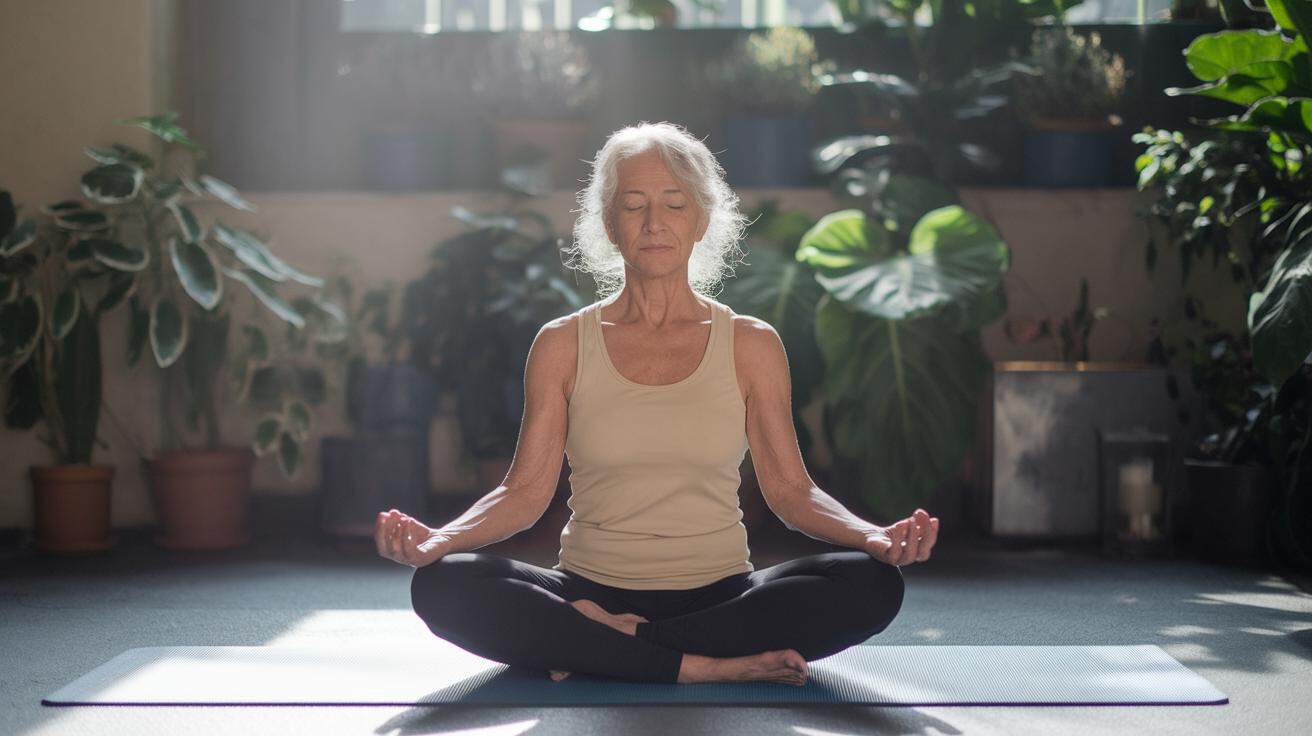 Woman sitting quietly on a mat beside sunlit houseplants