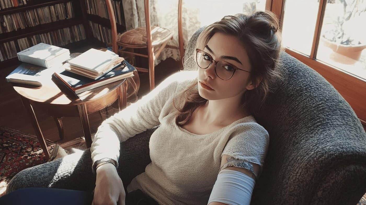 Person with a bandaged upper arm resting in an armchair beside a sunny window