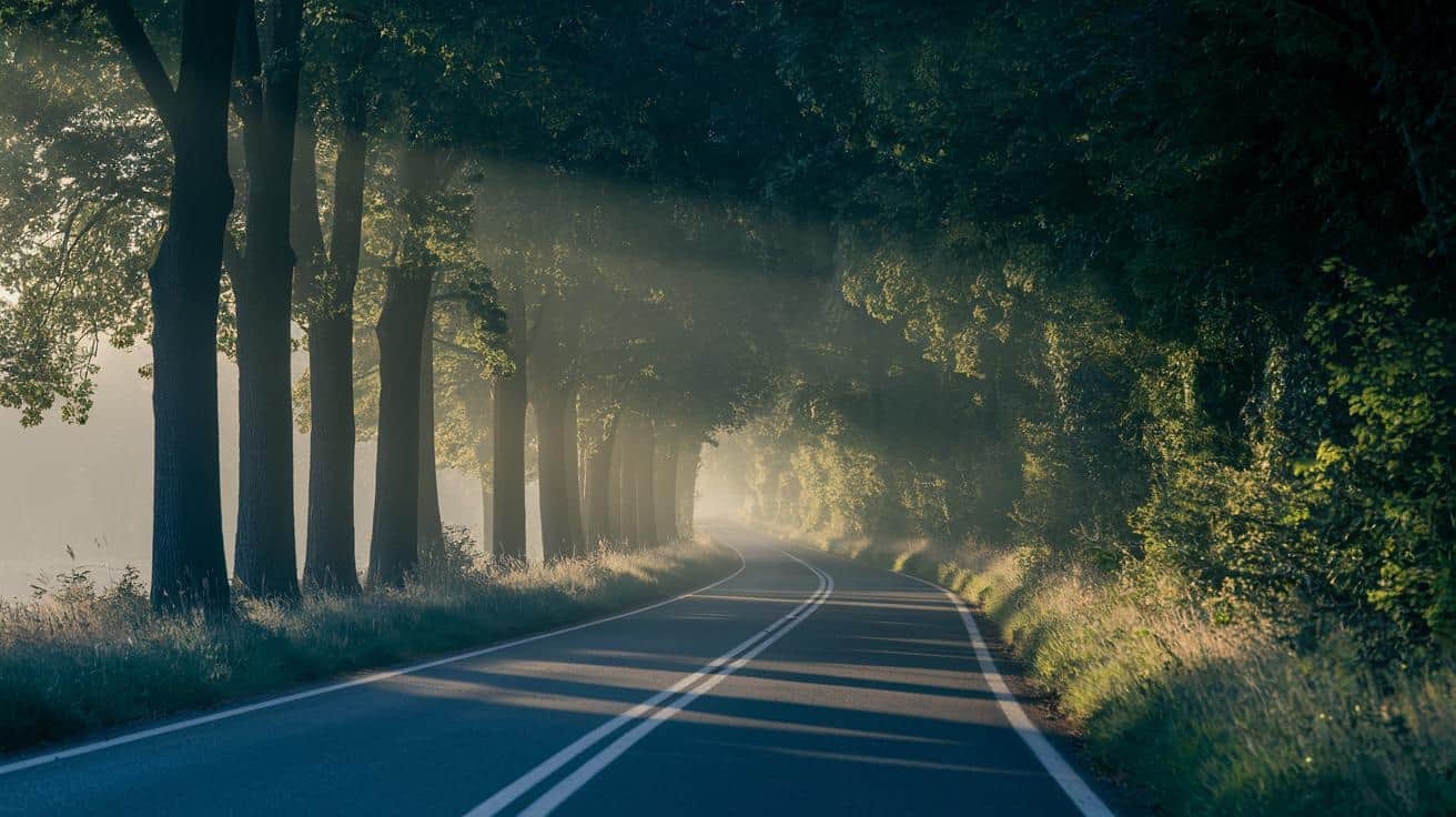 A quiet road curves beneath tall trees in soft morning light