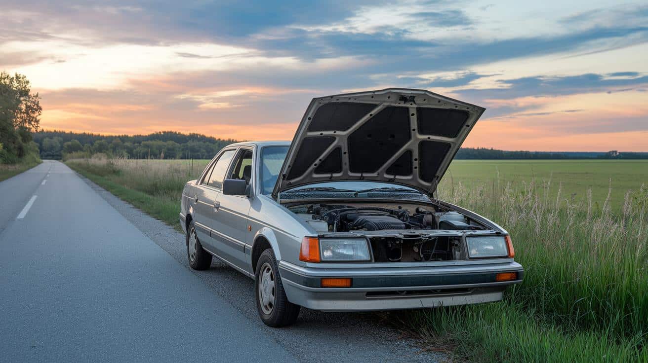 Silver car parked beside a country road with its hood open at sunset