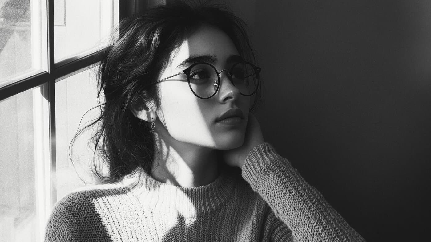 Black and white portrait of a woman wearing round glasses beside a window