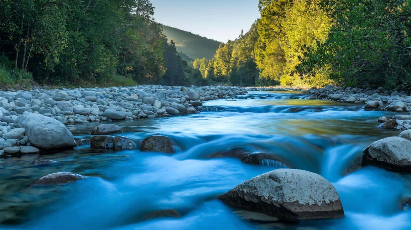 A clear river flowing between smooth stones and green forest.