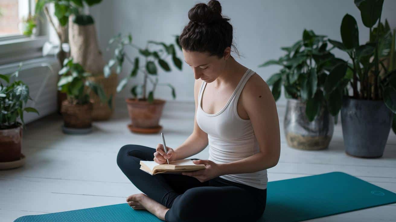 A woman sitting on a mat and writing in a journal beside houseplants.