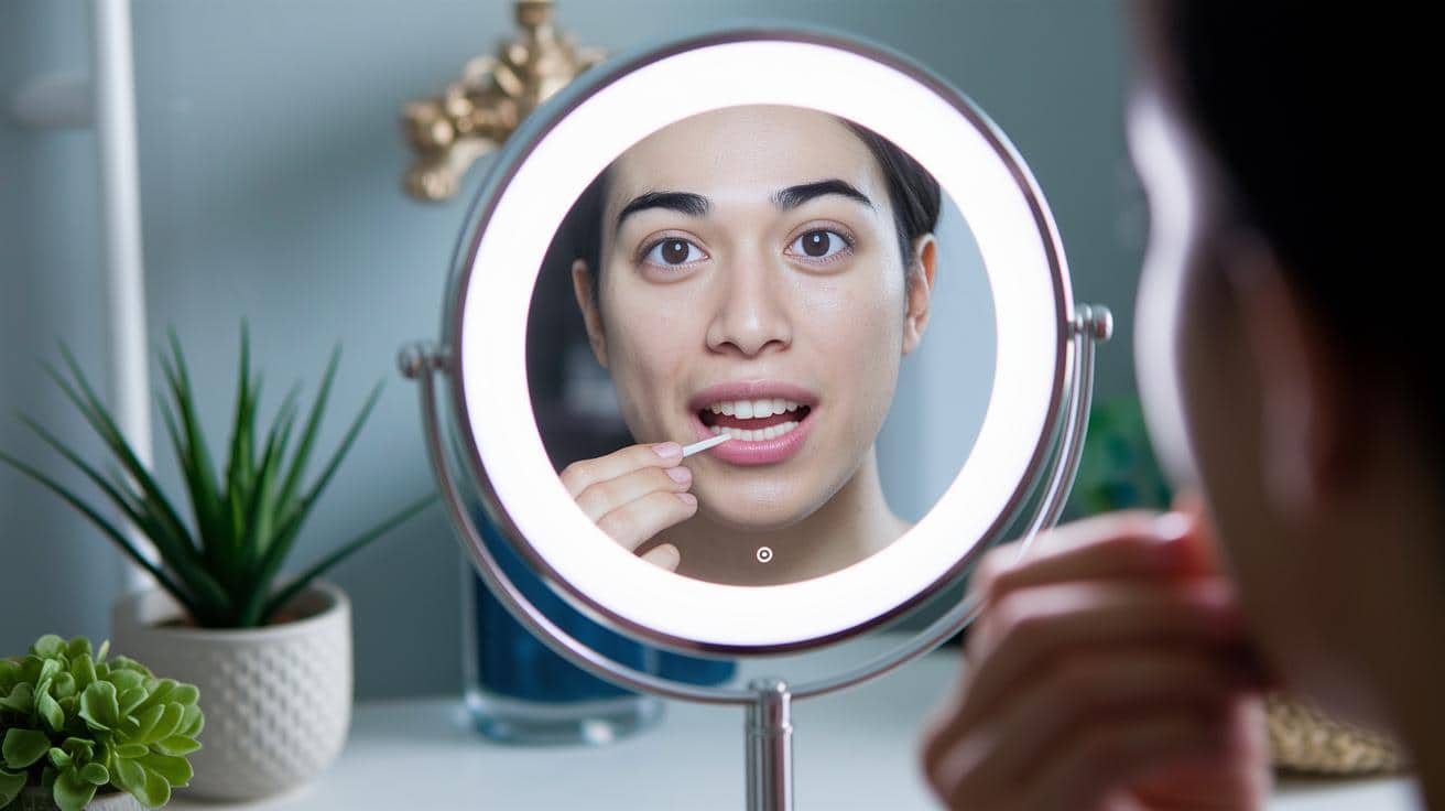 A woman looking at her mouth in a mirror during her oral care routine.